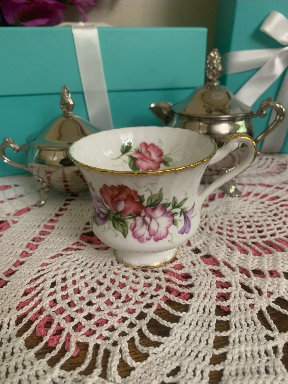 Paragon Porcelain Tea Cup with Gold Trim - Pink and Purple